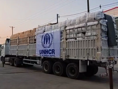 UNHCR truck containing emergency supplies for the evacuation shelter